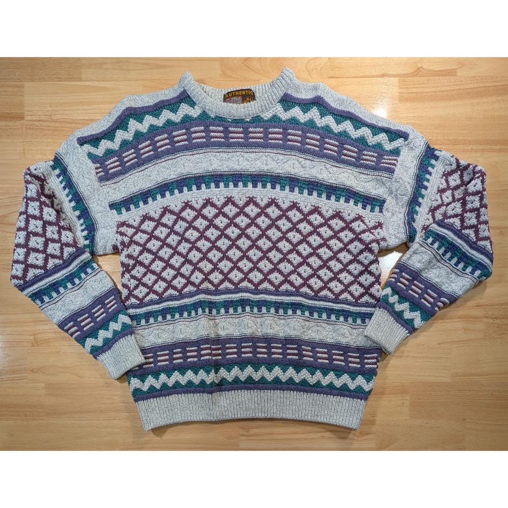 Vintage Authentic Issue 90 Geometric Knit Sweater Mens Large Gray Purple USA